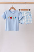 Blue Apple Embroidered Gingham Shorts Set