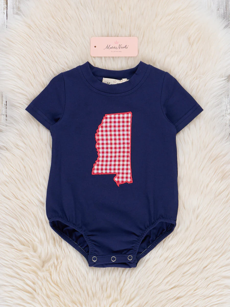 Mississippi Embroidered Gingham Bubble Romper
