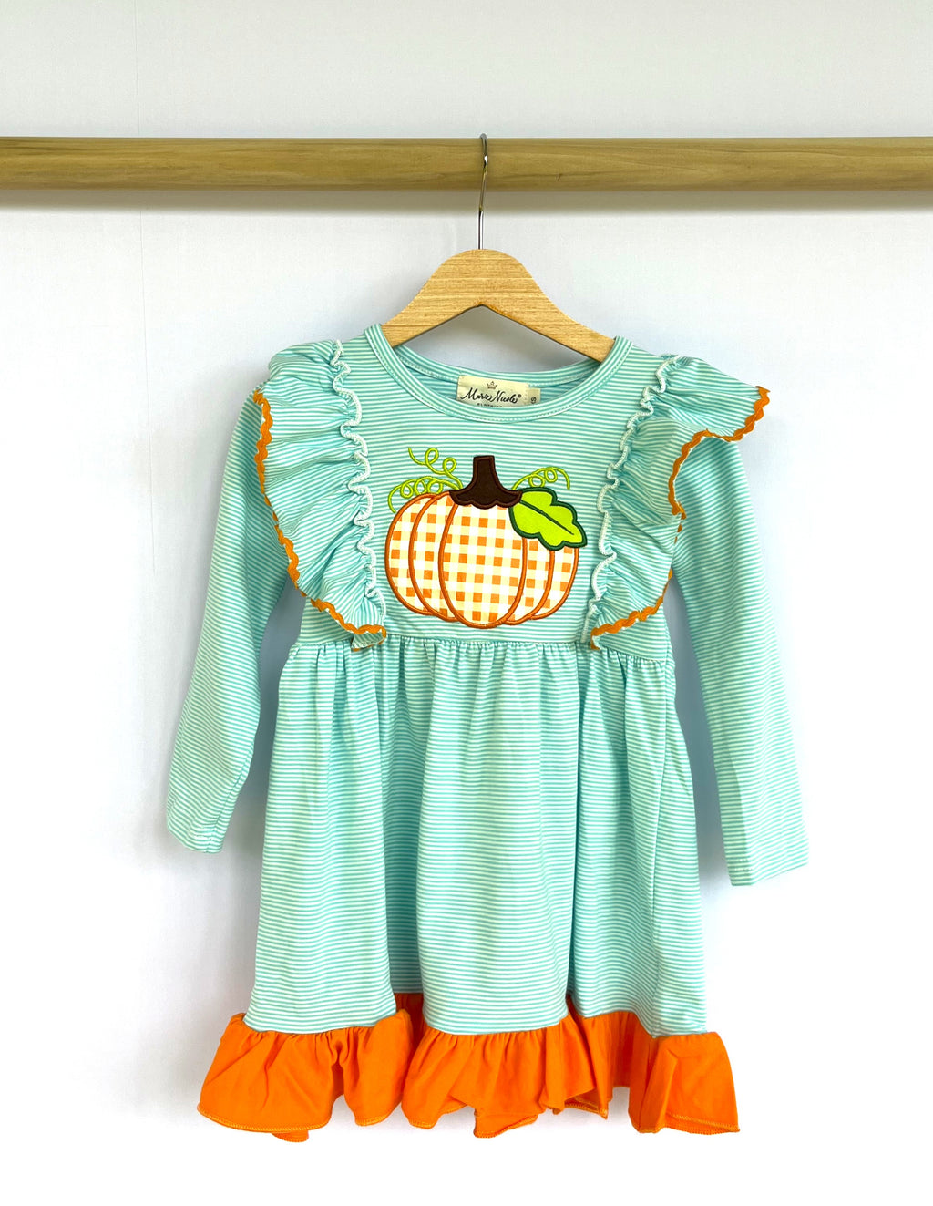 Light Blue Stripes Pumpkin Ruffle Dress