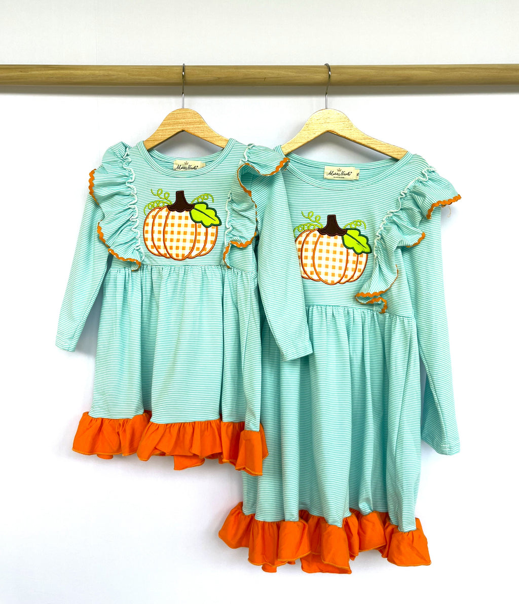 Light Blue Stripes Pumpkin Ruffle Dress