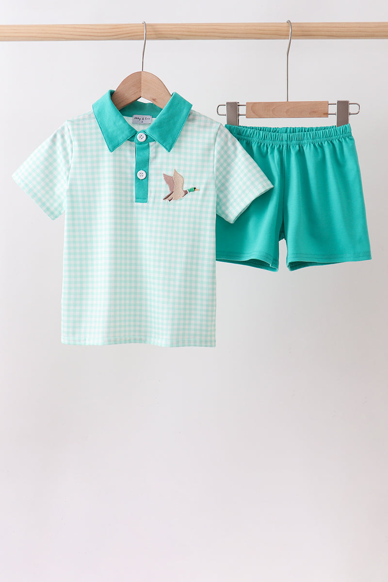 Teal Mallard Plaid Embroidered Set